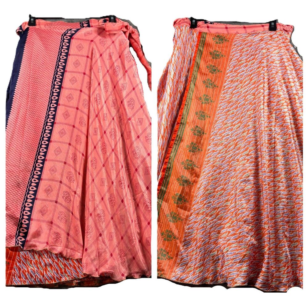 Darn Good Yarn Sari Silk Wrap Skirt Reversible Maxi Ankle Coral Size 4-12 P119